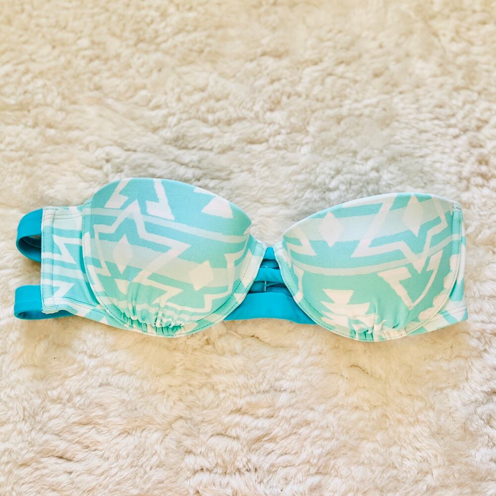 Aerie | Strapless Boho Light Blue and White Aztec Print Bikini Top | Size 34B